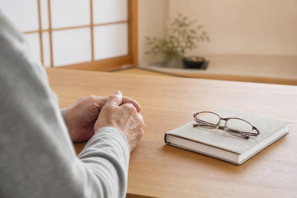 自宅で書類を確認する高齢者の手元