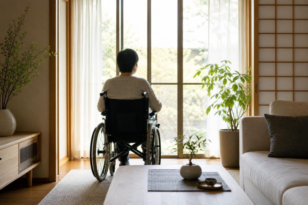 自宅の窓辺で外を見る車椅子利用者の後ろ姿