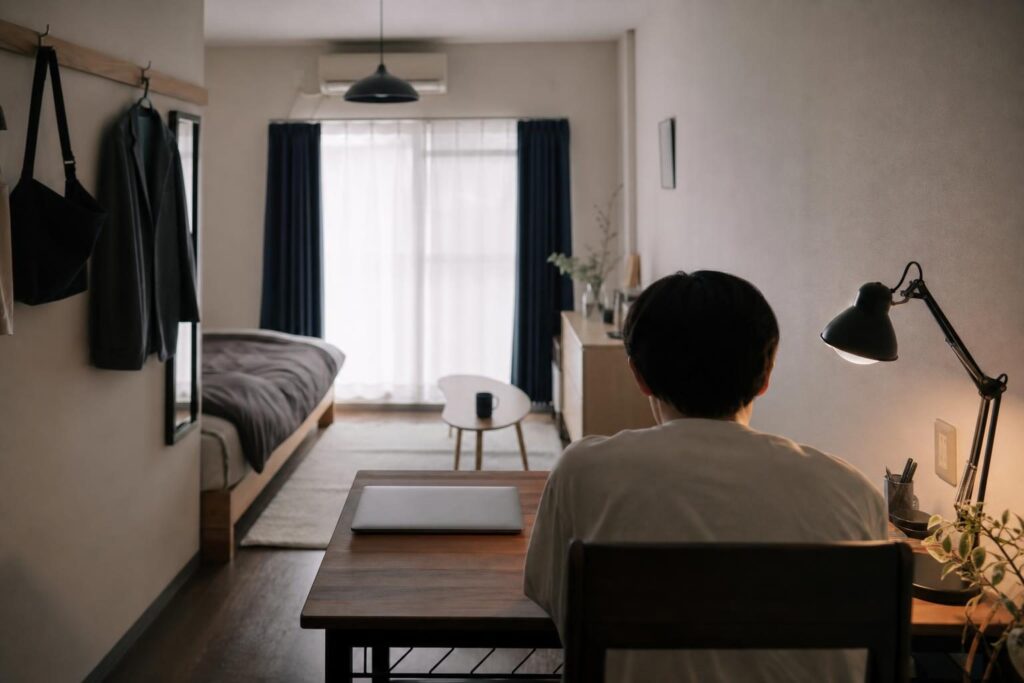 一人暮らしの部屋で机に向かう学生の後ろ姿