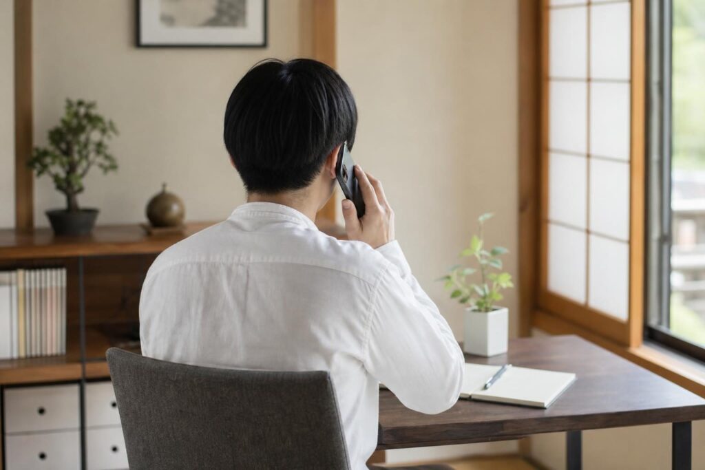 電話で相談する後ろ姿の写真