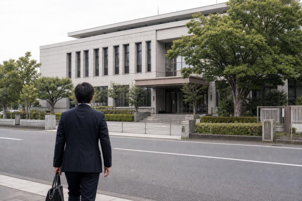 静かな通りに建つ簡易裁判所のような建物の外観