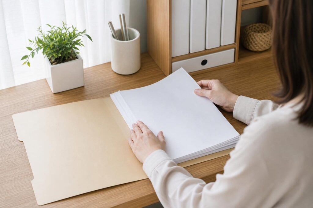 書類を整理する手元、落ち着いた雰囲気の部屋