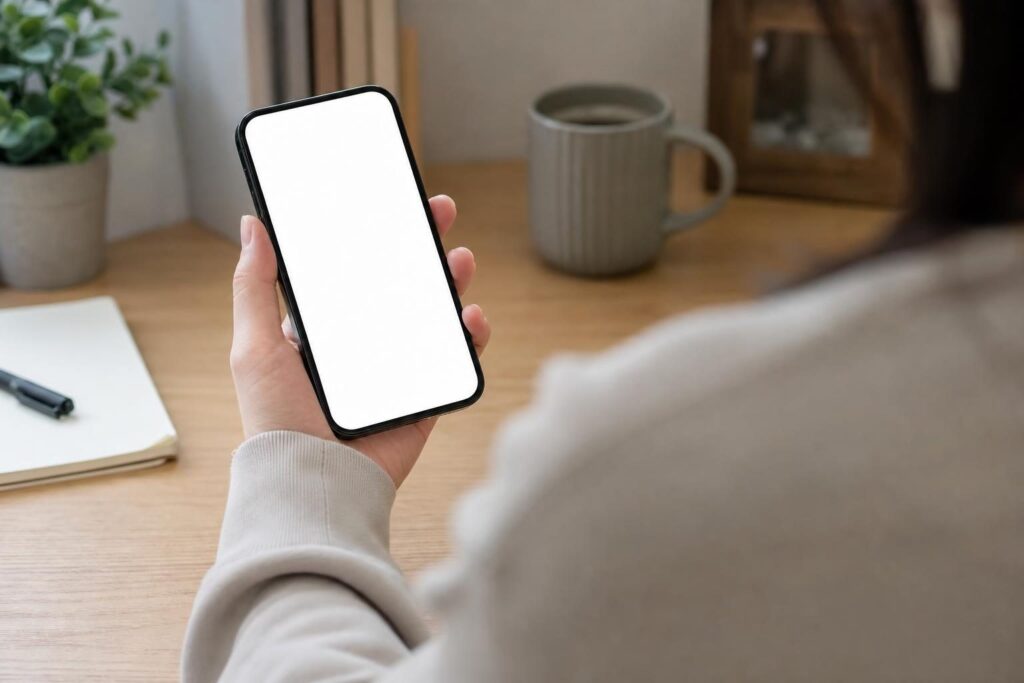 光る画面のスマートフォンを持つ手元
