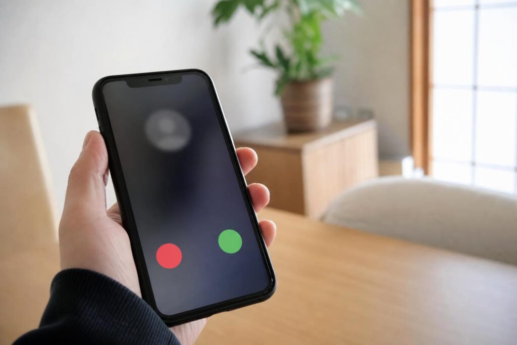 光る着信画面のスマートフォンを持つ手元