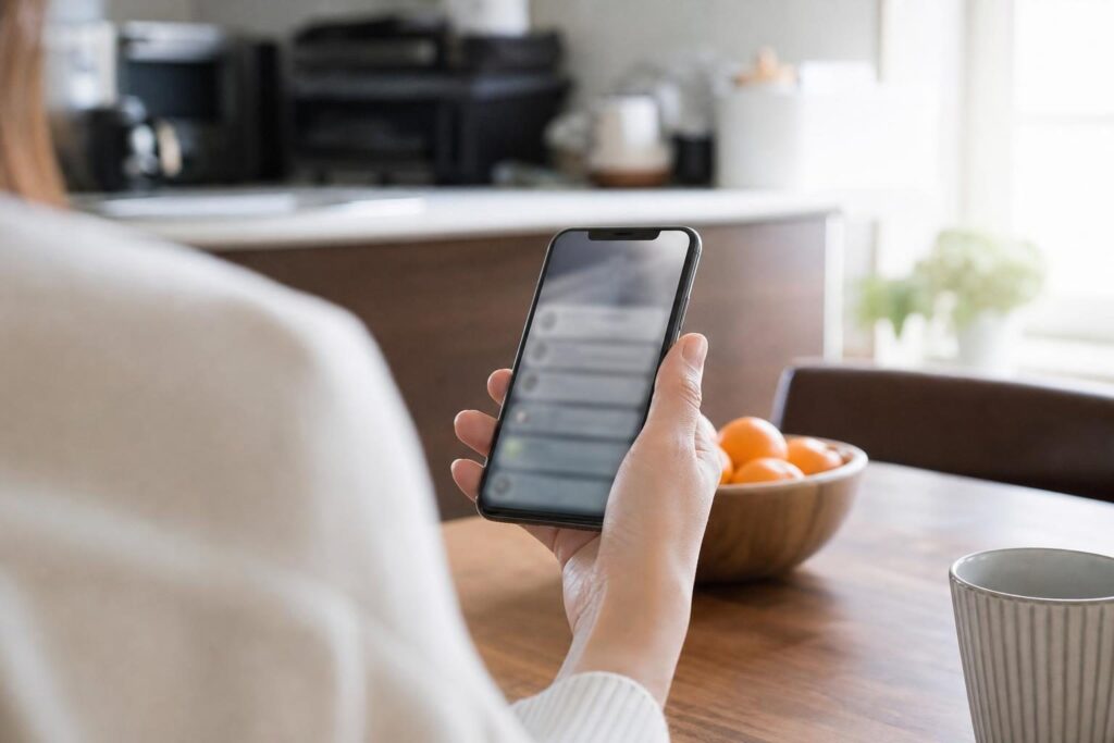 スマートフォンに光る通知画面を手に持つ様子