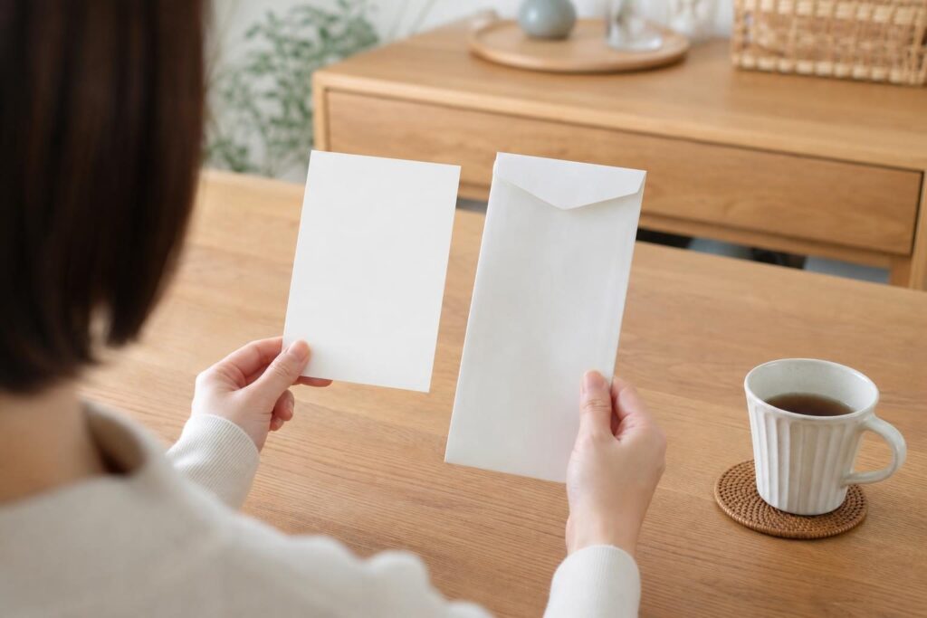 届いたハガキと封筒を見比べる手元