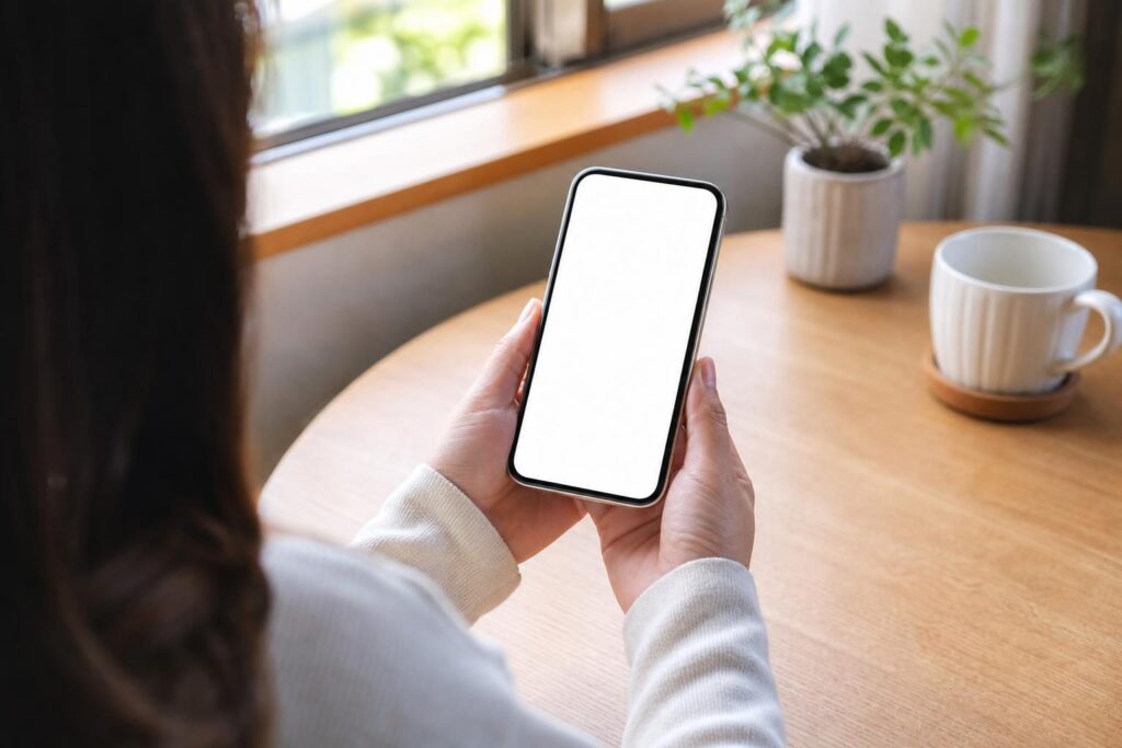 スマートフォンを手に持ち画面を見る手元