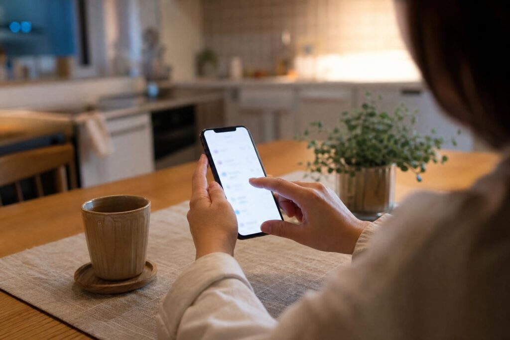 スマートフォンの設定を操作する手元