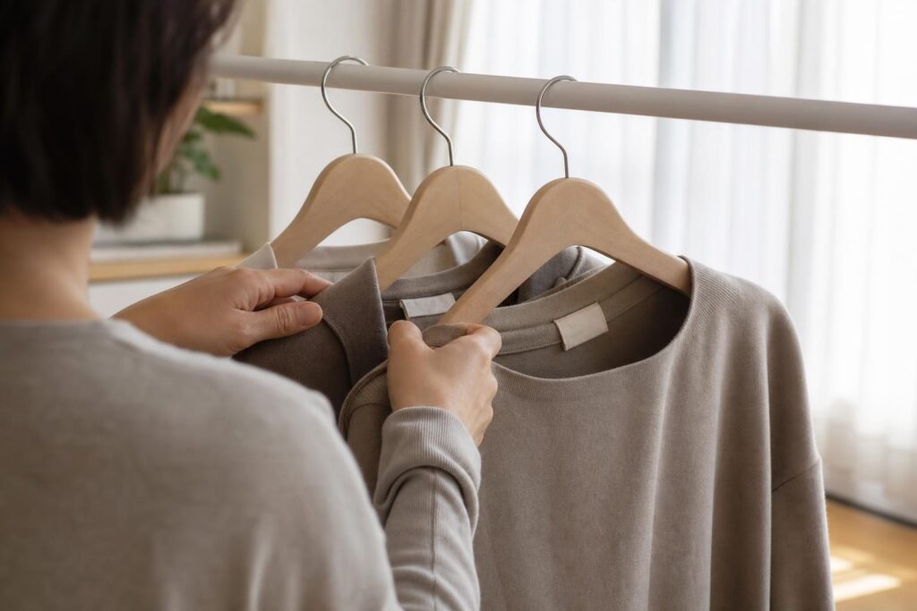 数着の洋服がハンガーにかかっている様子を手で整理する