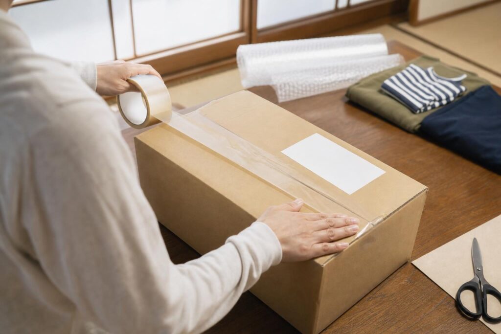 返却する箱に手でガムテープを貼って梱包している様子