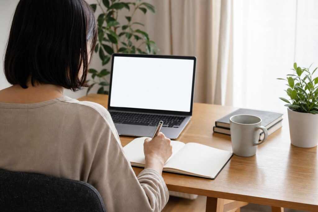 後ろ姿の人が机で記録をメモしている様子