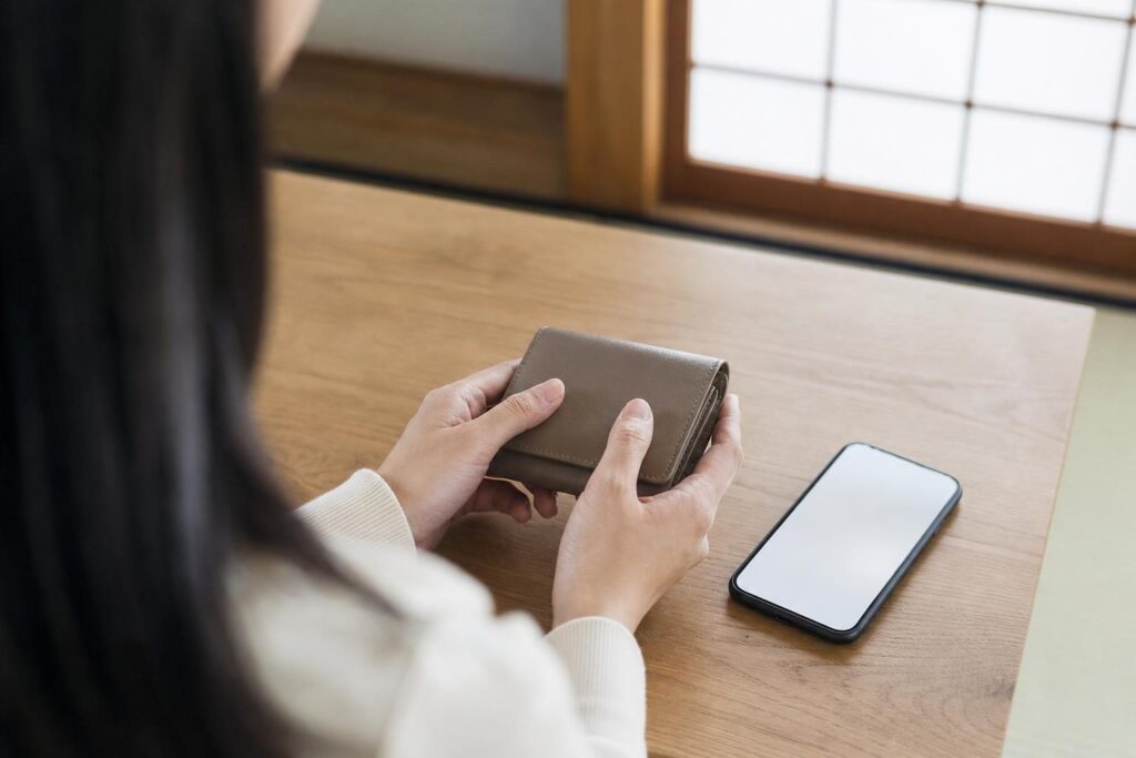 閉じた財布とスマートフォンを手に持って確認する様子