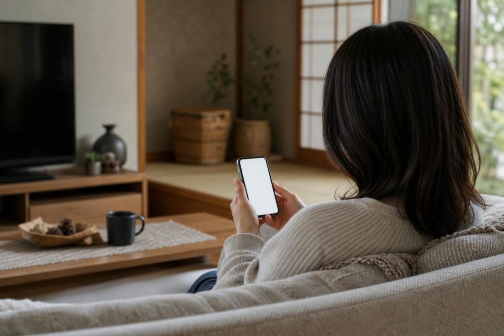 後ろ姿でソファに座りスマートフォンを見ている様子
