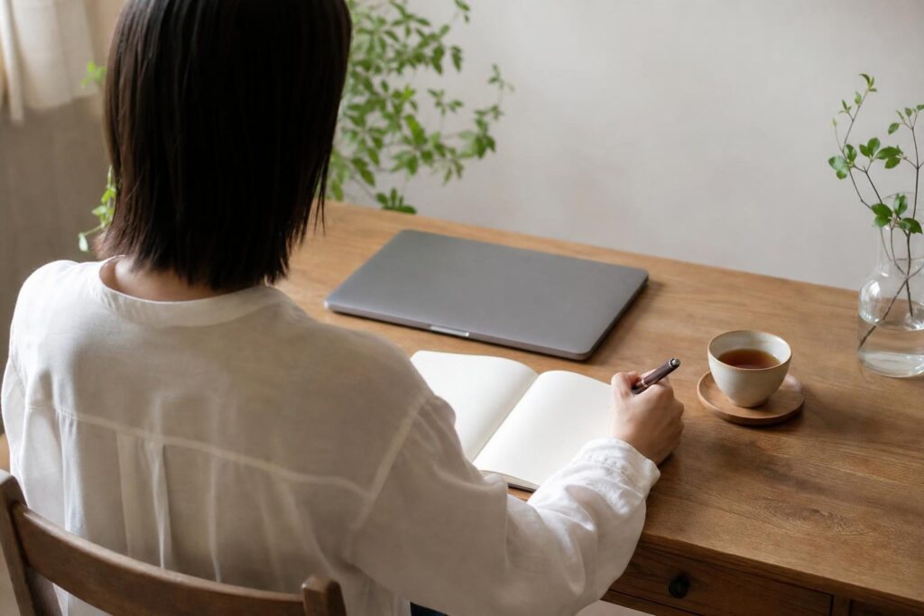 閉じたパソコンの前でノートを見る後ろ姿