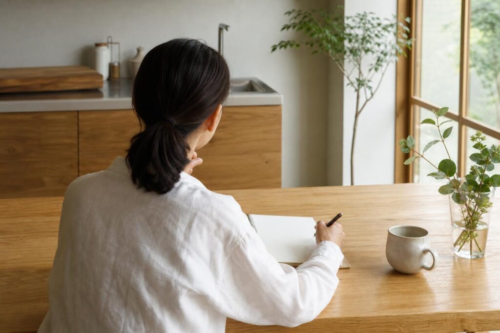 自宅で通知について考える後ろ姿
