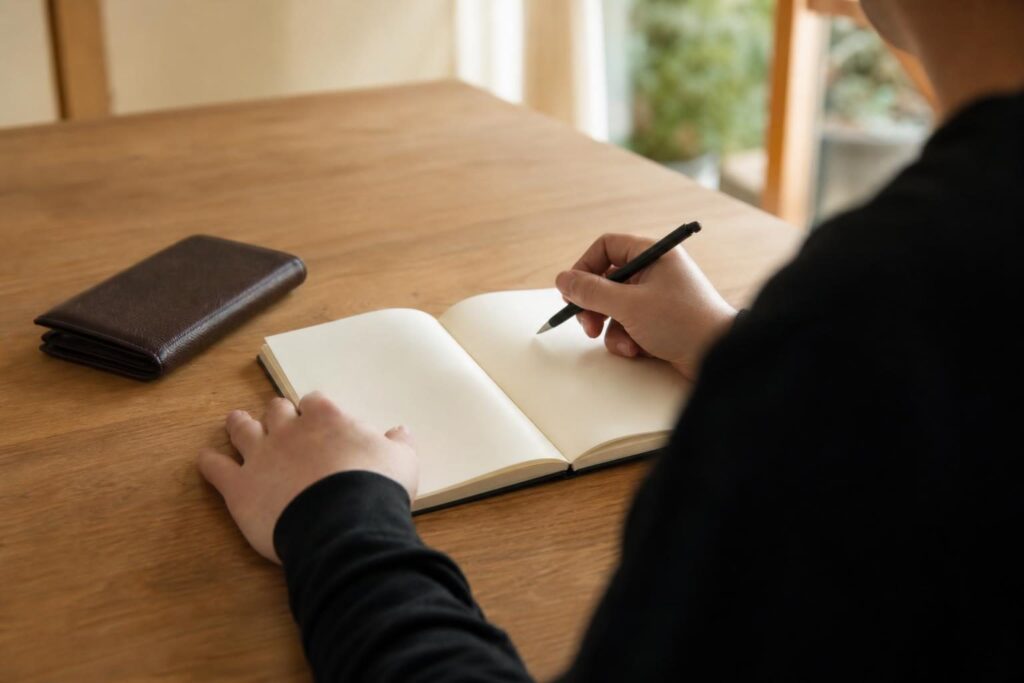 自宅で金額を書き留める手元