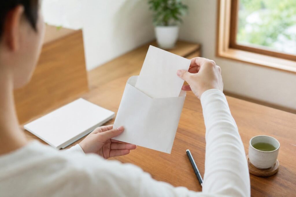 封筒に書類を入れる手元