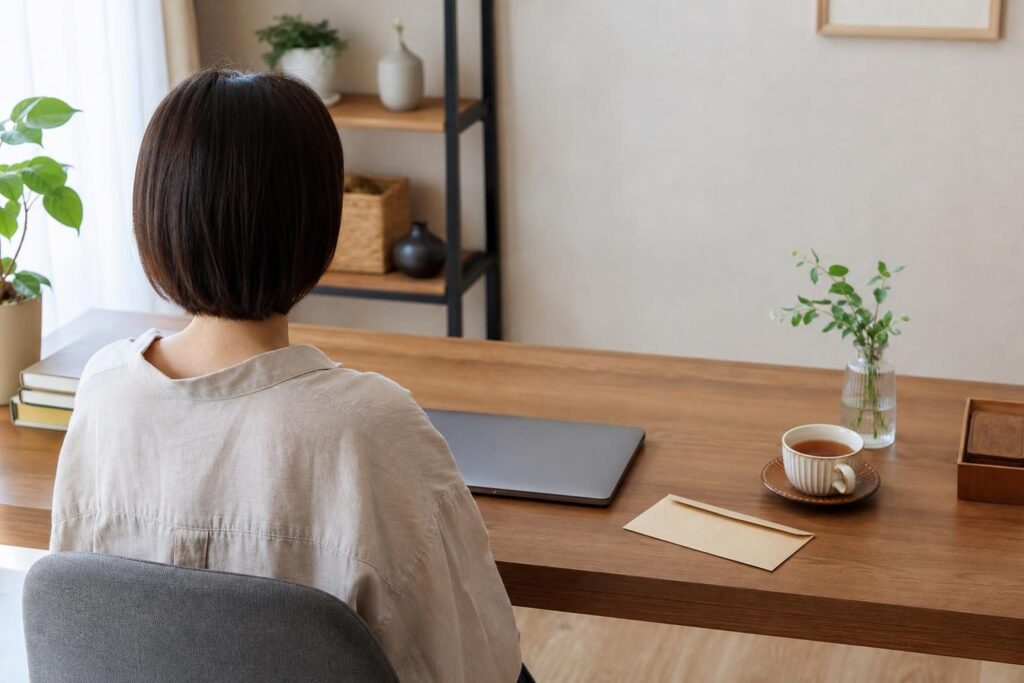 閉じたパソコンと封筒を前にする人の後ろ姿