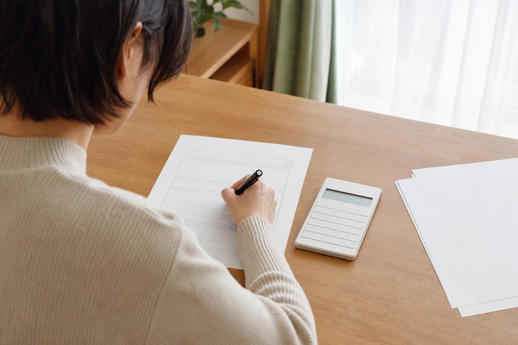 書類を記入する人の後ろ姿と電卓