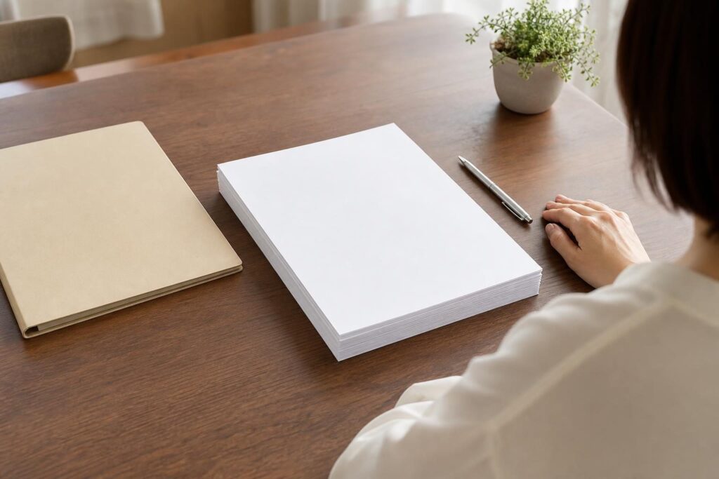 無地の書類と筆記用具が置かれた机