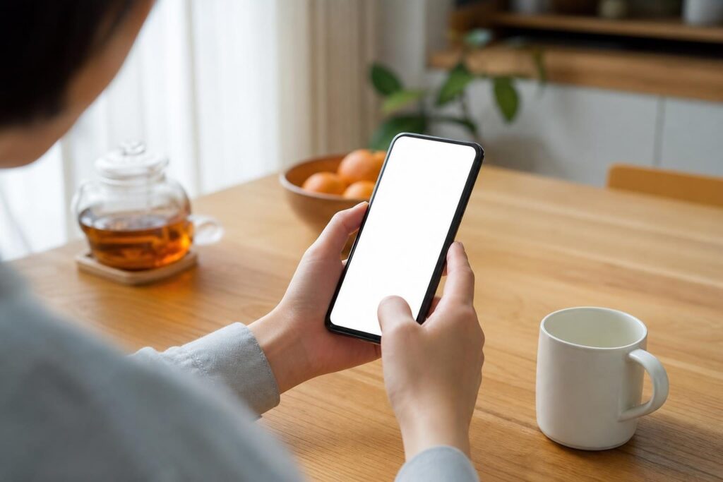 スマホを手に持つ人の手元、画面は伏せて表示