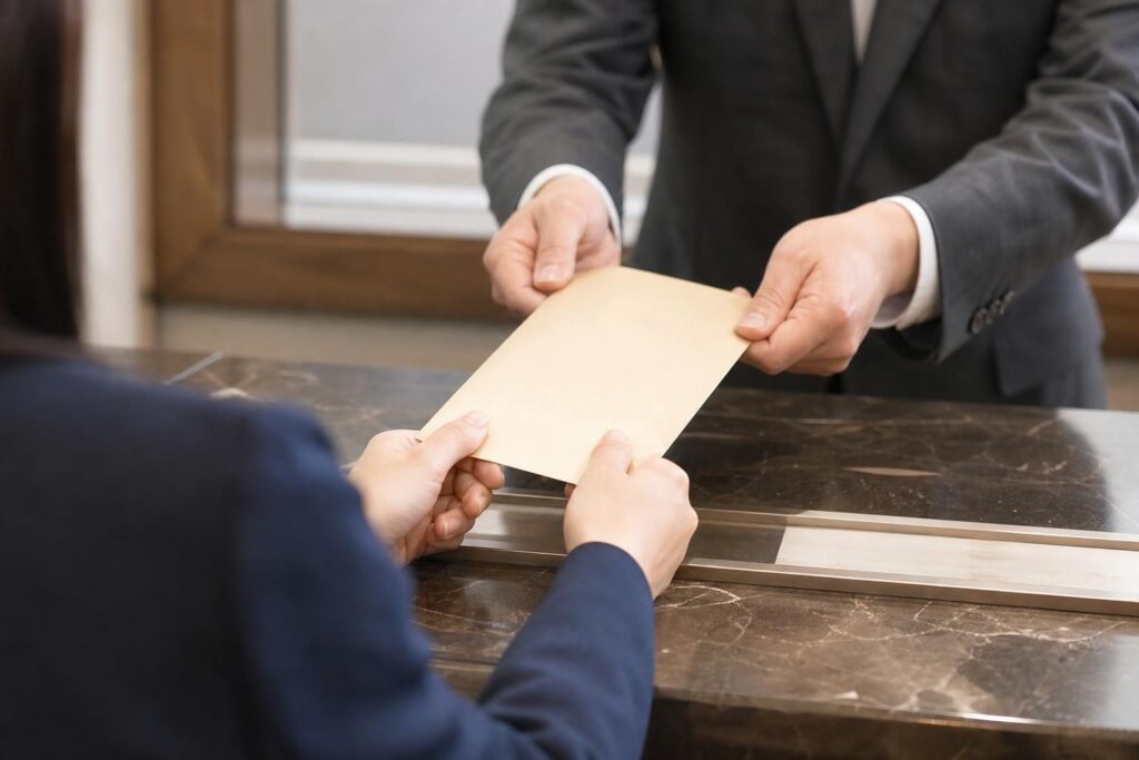 銀行窓口で書類をやり取りする手元