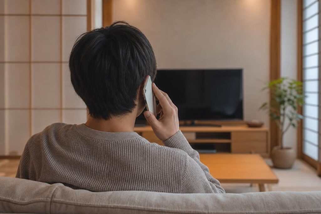相談先に電話をかける後ろ姿の人物