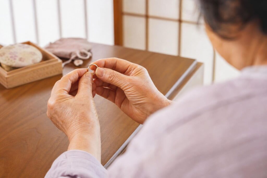 自宅で指輪を手に取り確認する高齢女性の手元
