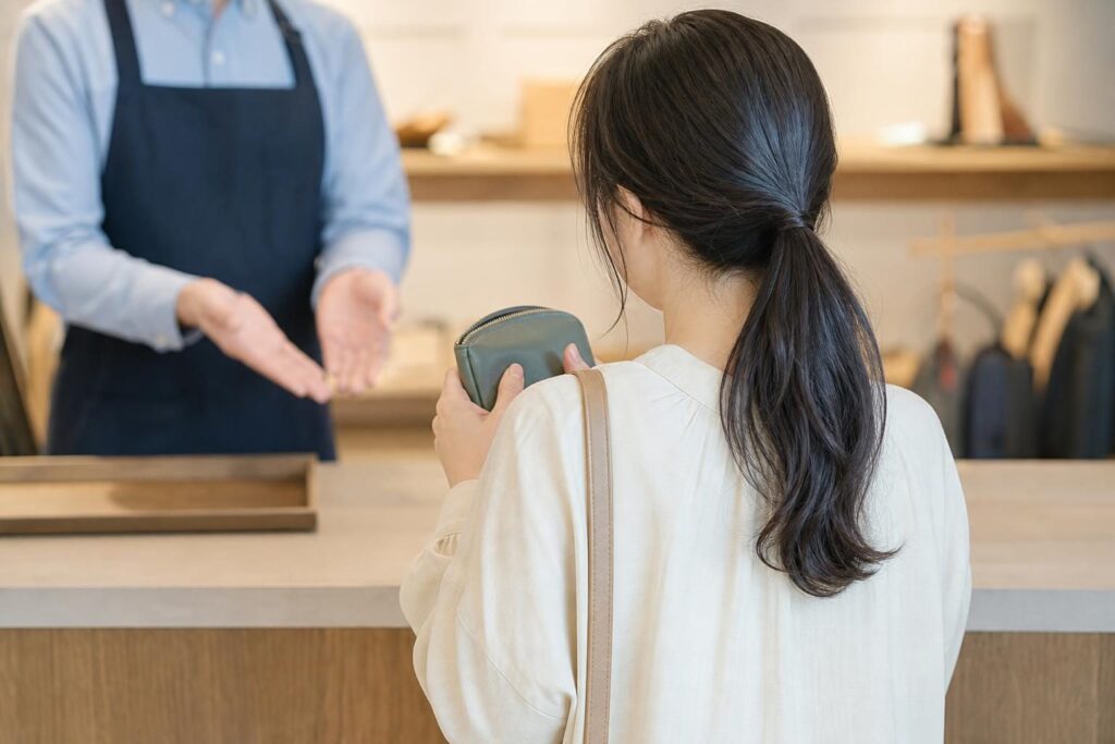 品物を持ち帰るか迷う後ろ姿の人物
