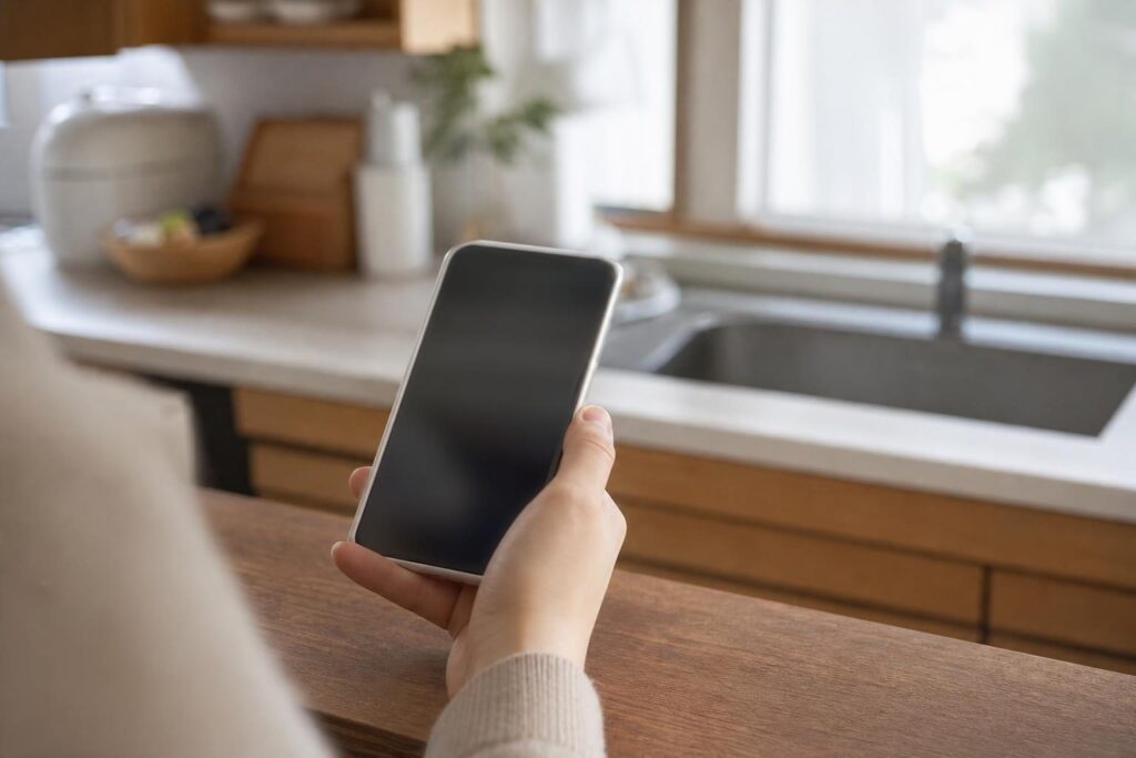 スマートフォンを持つ手元、画面は伏せて置かれている