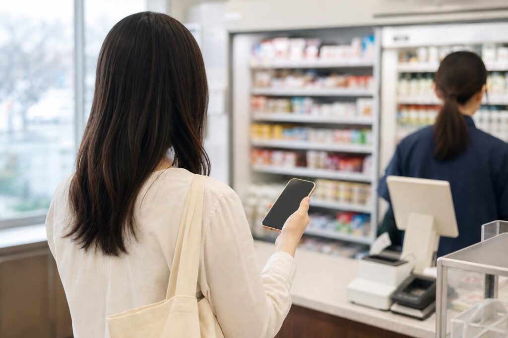 コンビニのレジ前でスマートフォンを持つ人の後ろ姿