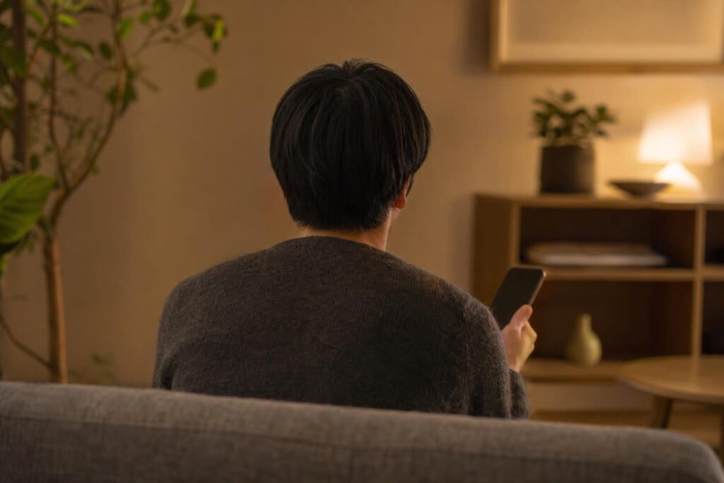 不安そうにソファに座る人の後ろ姿