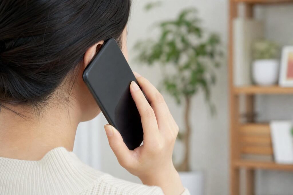 電話をかけるために携帯電話を持つ手元のクローズアップ