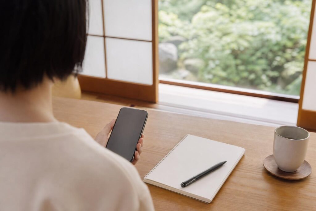 着信を確かめるスマートフォンを持つ手元