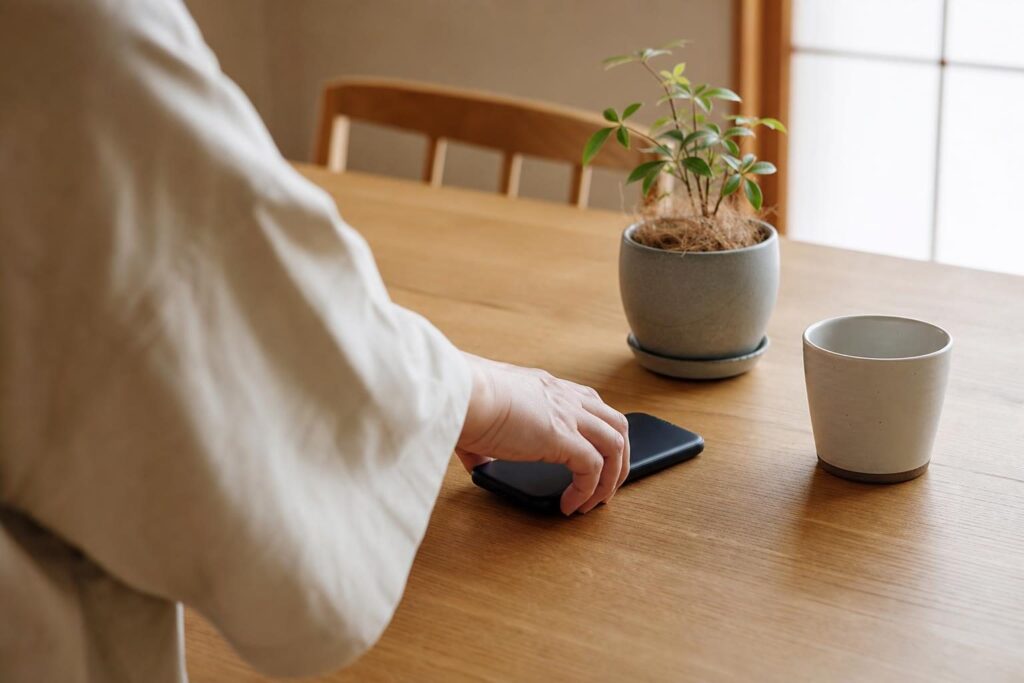 スマホを伏せて置く手元と机の上の小物