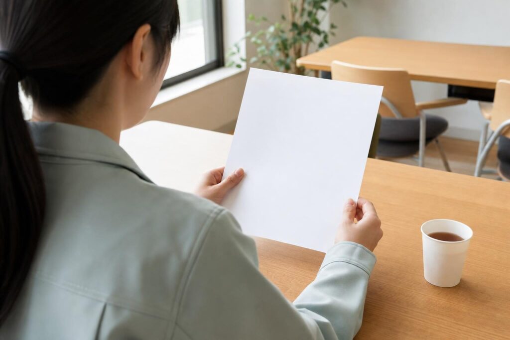休憩室で無地の書類を手にする人の後ろ姿