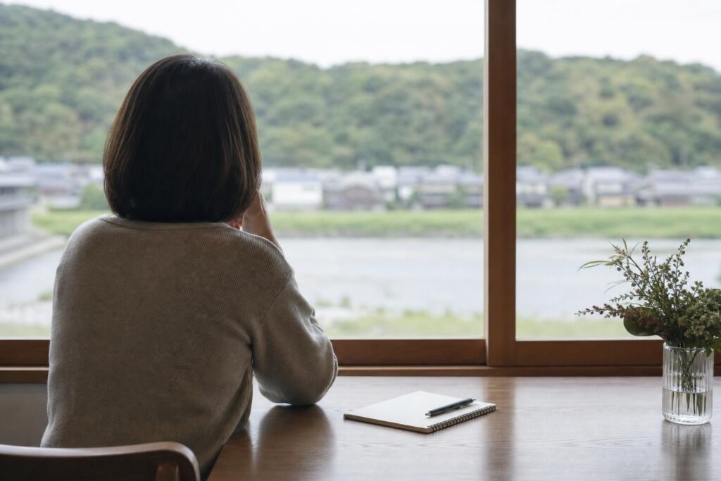窓辺のテーブルでノートを前に考える後ろ姿