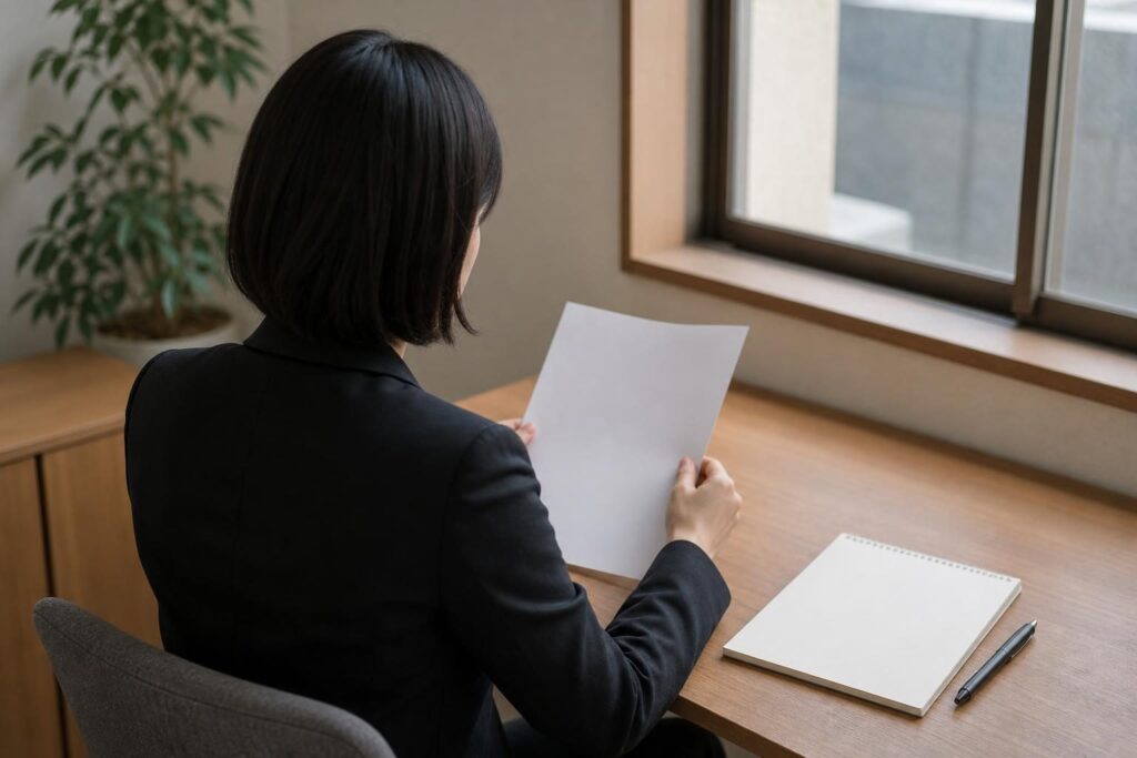 書類を前に座る人の後ろ姿