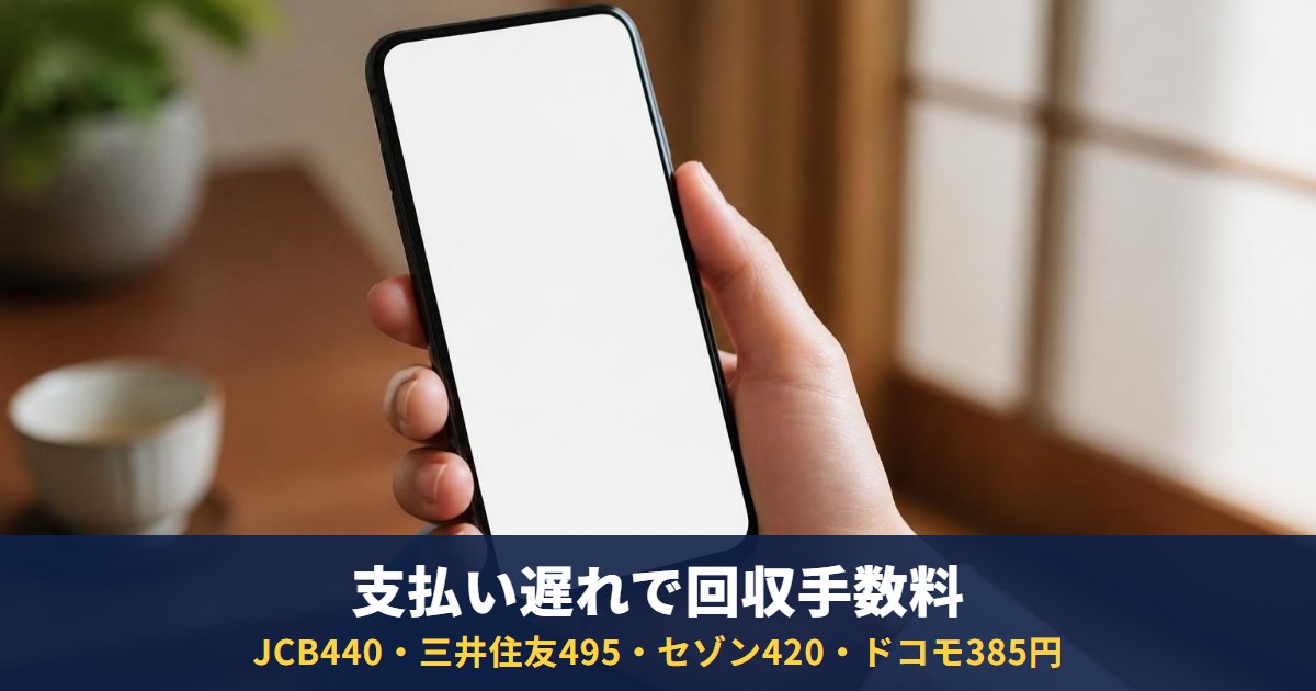 支払いが遅れると回収手数料|JCB440円・三井住友495円・セゾン420円・ドコモ385円