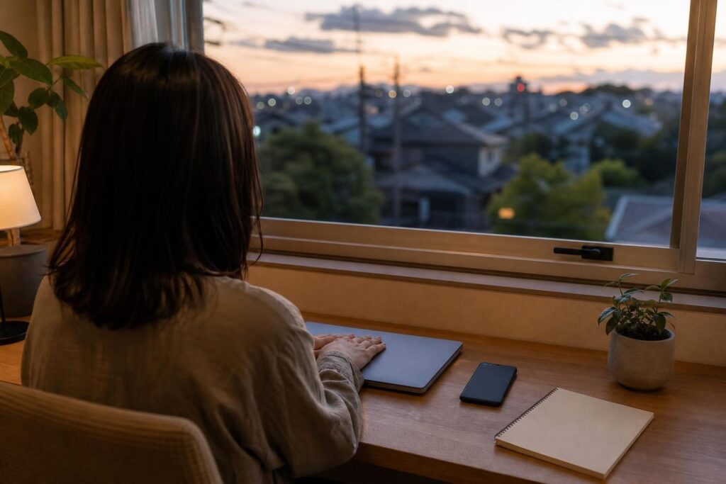 落ち着いて端末を確認する夜の机の後ろ姿